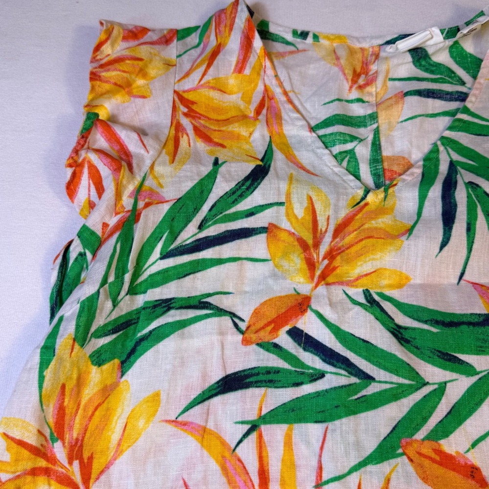 Nicole Miller Linen Tropical Floral Shift Dress S White Yellow Flutter Sleeve - Picture 10 of 15